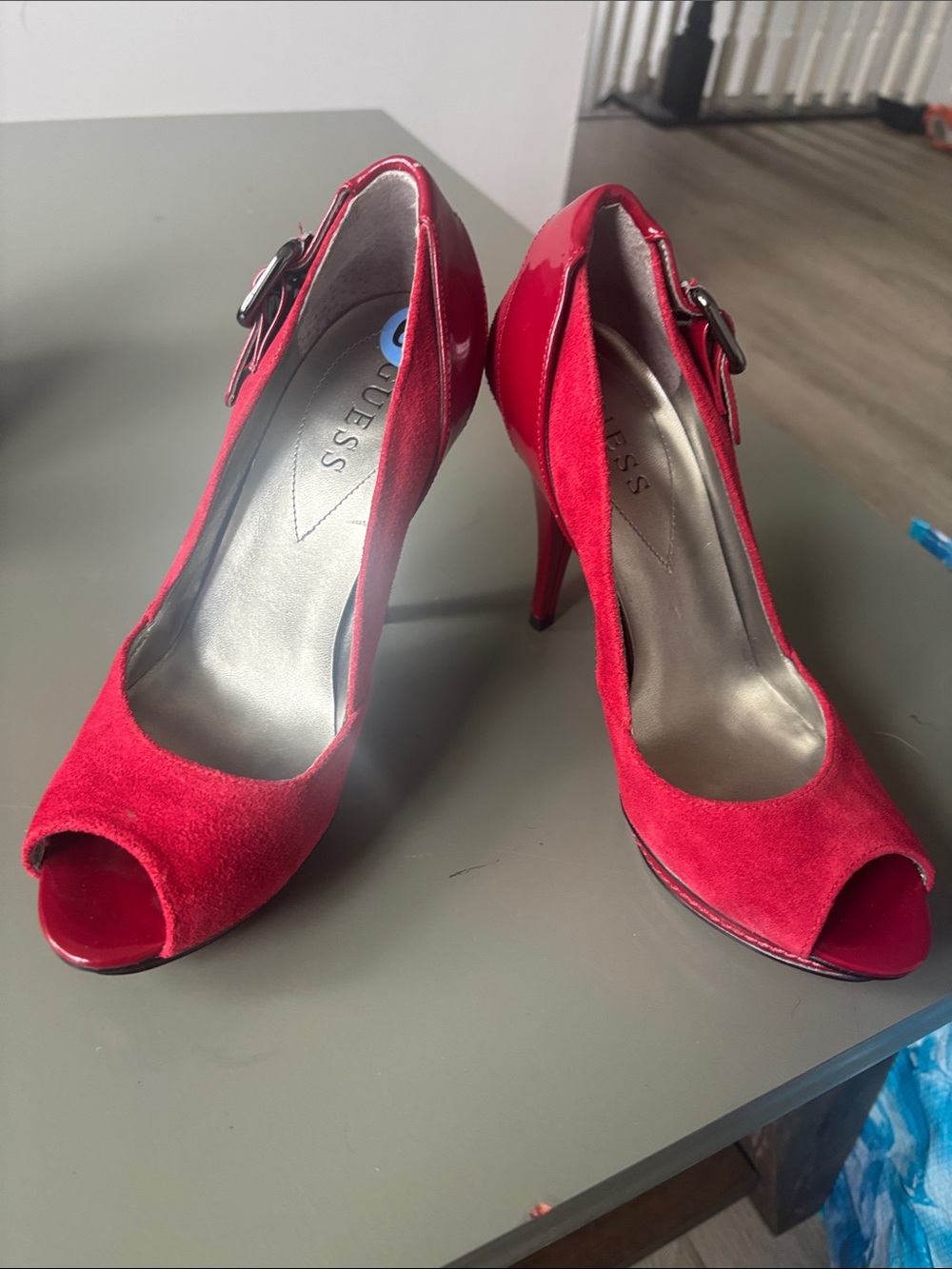 Guess Red Suede Peep-Toe Heels with Ankle Buckle